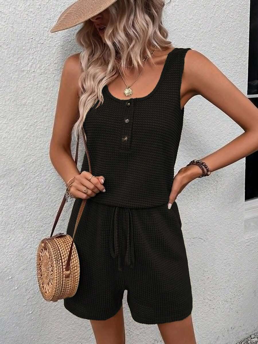 SHEIN LUNE 半排扣前打結背心連體短褲 - 黑色 - 查看 1