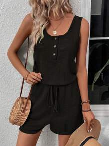 SHEIN LUNE 半排扣前打結背心連體短褲 - 黑色 - 查看 5