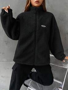 SHEIN EZwear Casual Letter Patch Off Shoulder Teddy Jacket In Fall/Winter - Black - View 3