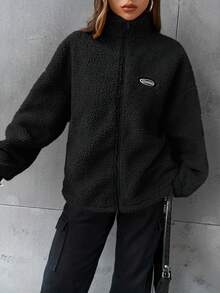 SHEIN EZwear Casual Letter Patch Off Shoulder Teddy Jacket In Fall/Winter - Black - View 4