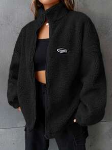 SHEIN EZwear Casual Letter Patch Off Shoulder Teddy Jacket In Fall/Winter - Black - View 6