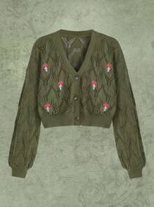 ROMWE Fairycore Mô hình nấm Dệt kim chấm bi Thả vai Áo len Mở - xanh quân đội - Xem 1