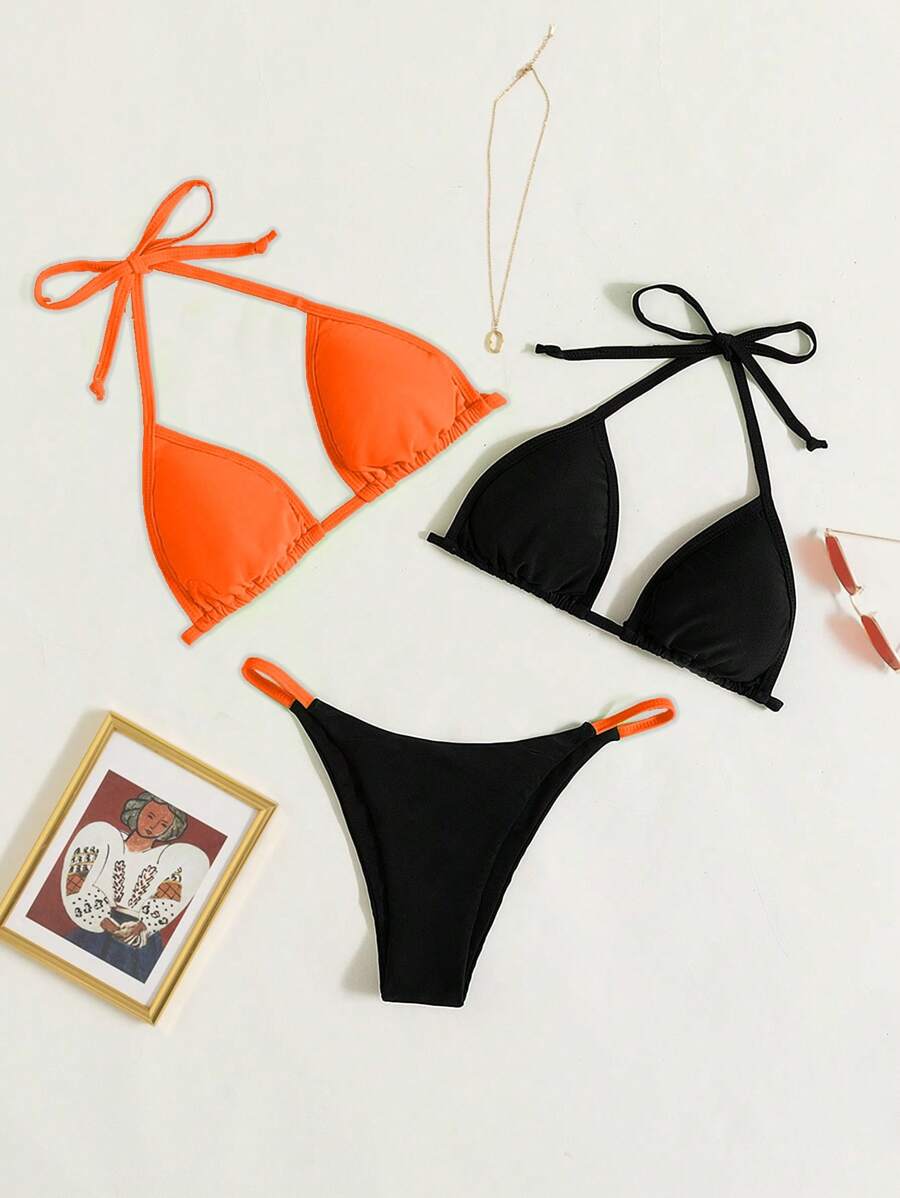 SHEIN Swim Summer Beach Two Tone Halter Triangle Bikini Set, Bathing Suit