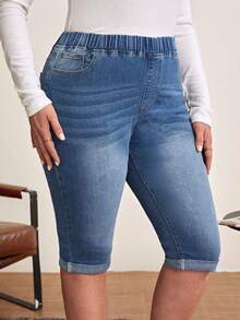 EMERY ROSE 大碼高腰卷邊緊身牛仔褲 - 深色水洗藍 - 查看 5