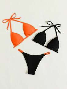 SHEIN Swim Summer Beach Two Tone Halter Triangle Bikini Set, Bathing Suit