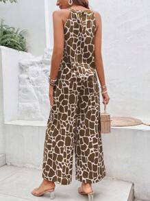 Breezaya Allover Print Halter Top & Wide Leg Pants - Khaki - View 2
