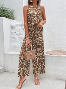 Breezaya Allover Print Halter Top & Wide Leg Pants - Khaki - View 5