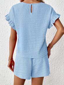 SHEIN Essnce tay áo lá sen Áo & Eo dây rút Quần short - Màu xanh nhạt - Xem 2