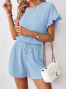 SHEIN Essnce tay áo lá sen Áo & Eo dây rút Quần short - Màu xanh nhạt - Xem 3