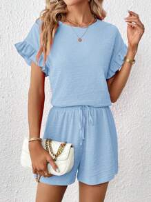 SHEIN Essnce tay áo lá sen Áo & Eo dây rút Quần short - Màu xanh nhạt - Xem 4