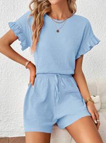 SHEIN Essnce tay áo lá sen Áo & Eo dây rút Quần short - Màu xanh nhạt - Xem 5