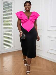 大碼雙色後背開衩派對禮服 - 玫紅色 - 查看 3