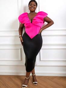 大碼雙色後背開衩派對禮服 - 玫紅色 - 查看 5