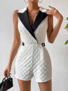 Chiquease Contrast Collar Button Detail Shirt Romper - Black and White - View 3