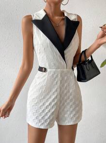 Chiquease Contrast Collar Button Detail Shirt Romper - Black and White - View 1