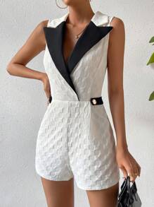 Chiquease Contrast Collar Button Detail Shirt Romper - Black and White - View 5