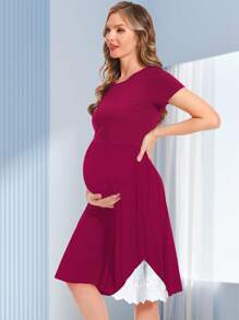 Maternity Contrast Lace Dress - Burgundy - View 1