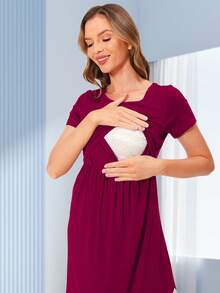 Maternity Contrast Lace Dress - Burgundy - View 5