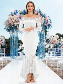 White Lace Off Shoulder Mermaid Bridal Shower Dress - White - View 3