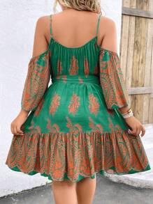 Breezaya 大碼佩斯利印花挖肩荷葉邊繫腰帶洋裝 - 綠色 - 查看 2