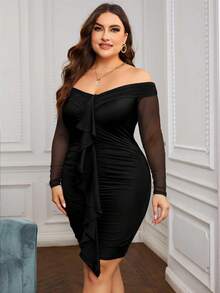 大碼一字肩荷葉邊褶邊緊身洋裝 - 黑色 - 查看 4