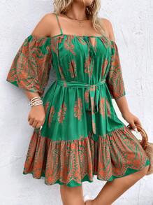 Breezaya 大碼佩斯利印花挖肩荷葉邊繫腰帶洋裝 - 綠色 - 查看 4