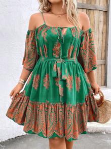 Breezaya 大碼佩斯利印花挖肩荷葉邊繫腰帶洋裝 - 綠色 - 查看 5