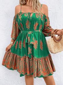 Breezaya 大碼佩斯利印花挖肩荷葉邊繫腰帶洋裝 - 綠色 - 查看 7