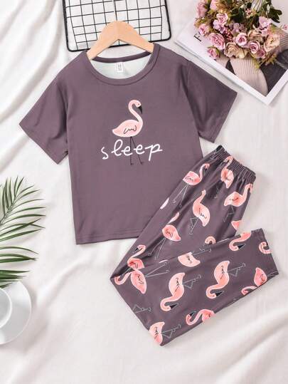 Tween Girls' Flamingo Printed Short Sleeve Top And Long Pants Pajama Set, Four Seasons