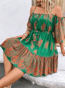 Breezaya 大碼佩斯利印花挖肩荷葉邊繫腰帶洋裝 - 綠色 - 查看 8