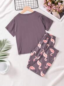 Tween女孩火烈鳥印花短袖上衣和長褲睡衣套裝，四季皆適用 - 紫色 - 查看 2