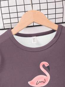 Tween女孩火烈鳥印花短袖上衣和長褲睡衣套裝，四季皆適用 - 紫色 - 查看 3