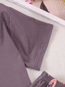 Tween女孩火烈鳥印花短袖上衣和長褲睡衣套裝，四季皆適用 - 紫色 - 查看 4