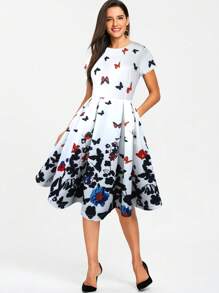 蝴蝶圖案百褶下擺連衣裙 - 白色 - 查看 1