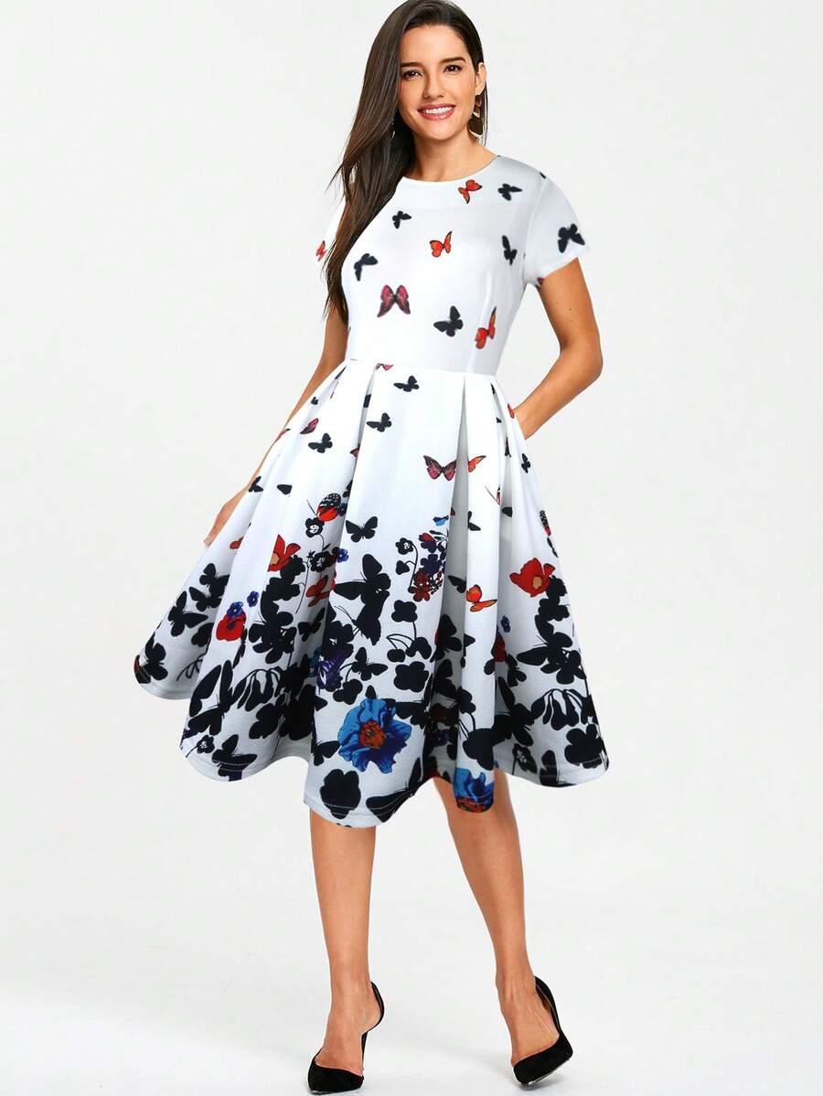 蝴蝶圖案百褶下擺連衣裙 - 白色 - 查看 1
