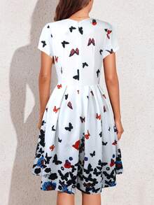 蝴蝶圖案百褶下擺連衣裙 - 白色 - 查看 2