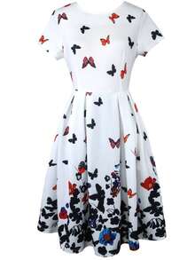 蝴蝶圖案百褶下擺連衣裙 - 白色 - 查看 3