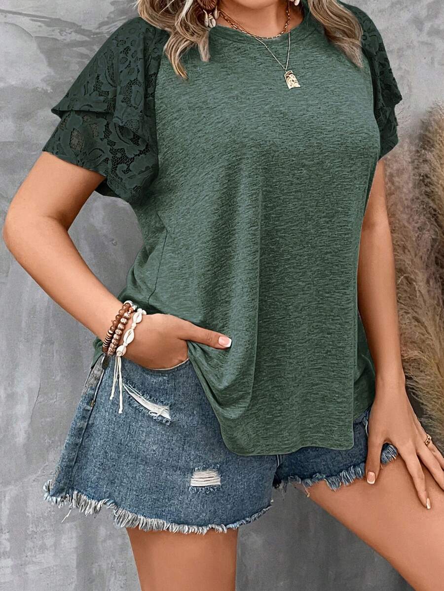 SHEIN LUNE Áo thun Plus size Tương phản ren phân lớp màu trơn Giải trí - Màu xanh ngọc - Xem 1