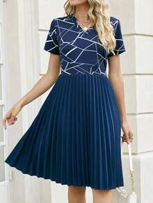 Geo Print Pleated Hem Dress - Navy Blue - View 1