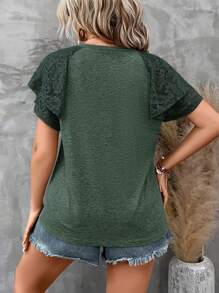 SHEIN LUNE Áo thun Plus size Tương phản ren phân lớp màu trơn Giải trí - Màu xanh ngọc - Xem 2