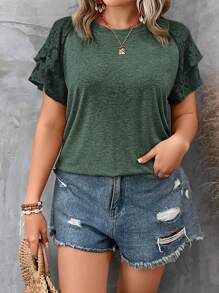 SHEIN LUNE Áo thun Plus size Tương phản ren phân lớp màu trơn Giải trí - Màu xanh ngọc - Xem 3