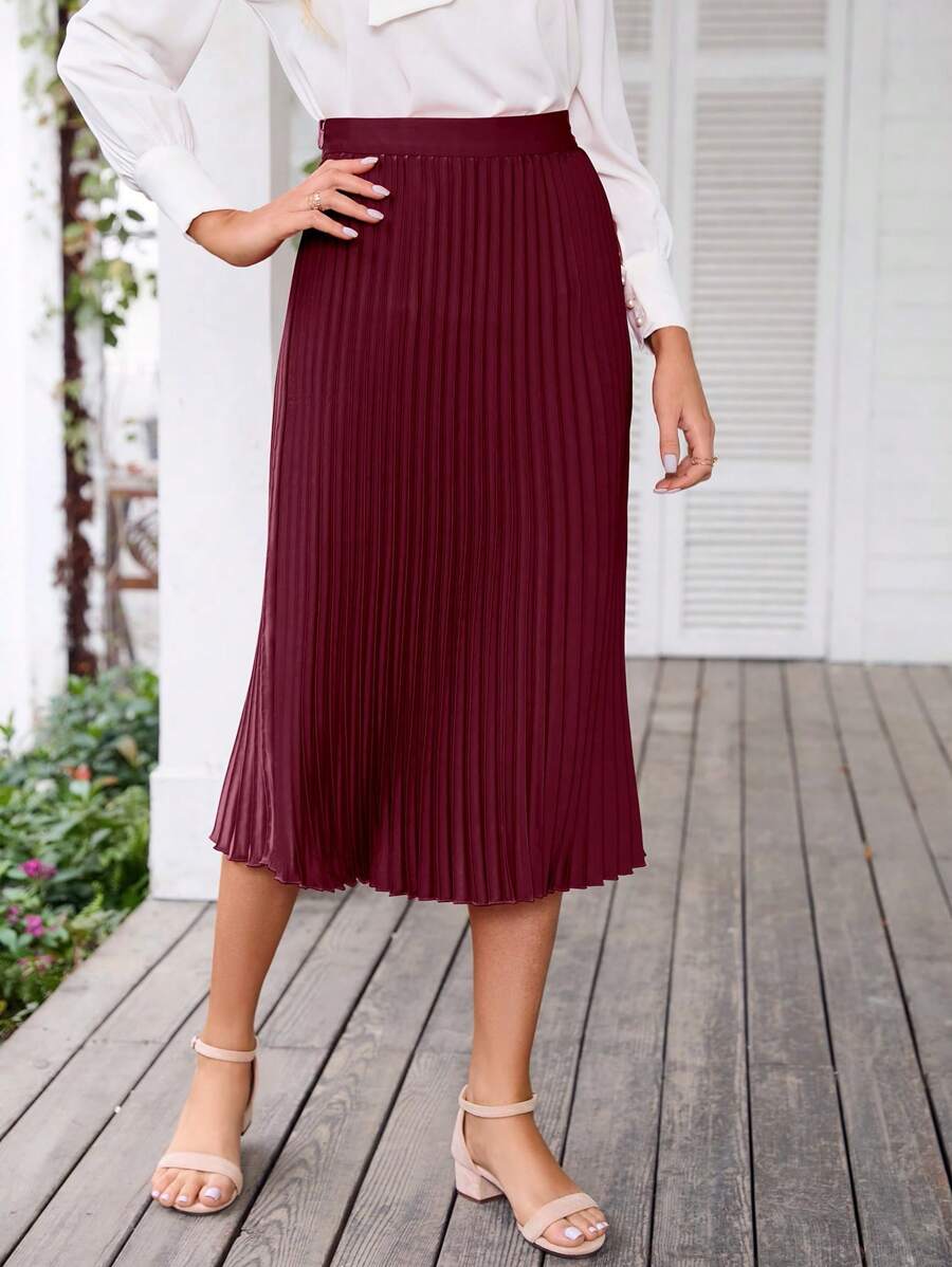 BTFBM Solid Pleated Skirt - Burgundy - View 1