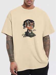 Hombres Camiseta con estampado de figura y letra - Albaricoque - Ver 1