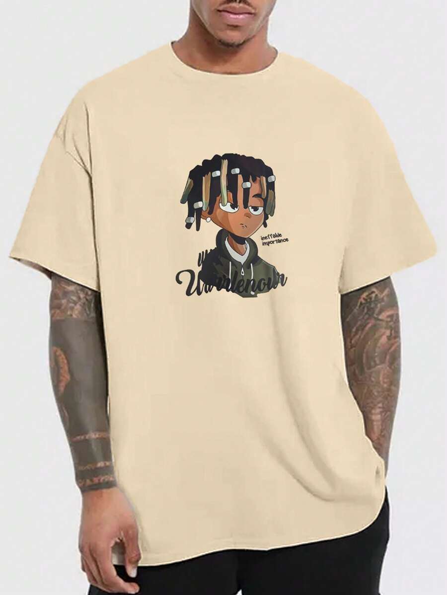 Hombres Camiseta con estampado de figura y letra - Albaricoque - Ver 1