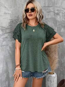 SHEIN LUNE Áo thun Plus size Tương phản ren phân lớp màu trơn Giải trí - Màu xanh ngọc - Xem 4