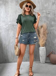 SHEIN LUNE Áo thun Plus size Tương phản ren phân lớp màu trơn Giải trí - Màu xanh ngọc - Xem 5