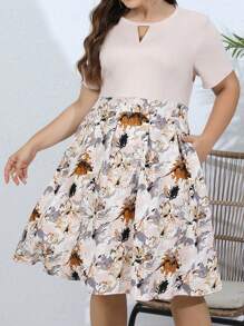 Plus Floral Print Keyhole Neckline Dress - Apricot - View 1