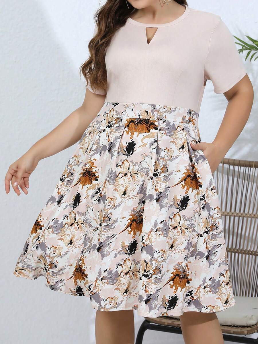 Plus Floral Print Keyhole Neckline Dress - Apricot - View 1