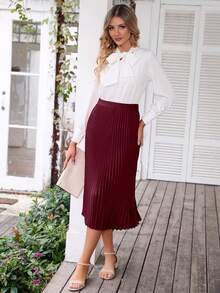 BTFBM Solid Pleated Skirt - Burgundy - View 5