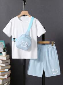 SHEIN Tween Boy 3pcs Solid Tee & Cartoon Graphic Shorts & Bag Set - Blue and White - View 6